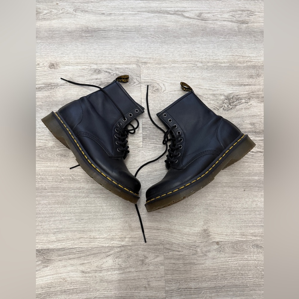 Dr. Martens Black Leather 8-Eye Lace-Up Combat Boots with Yellow Stitching